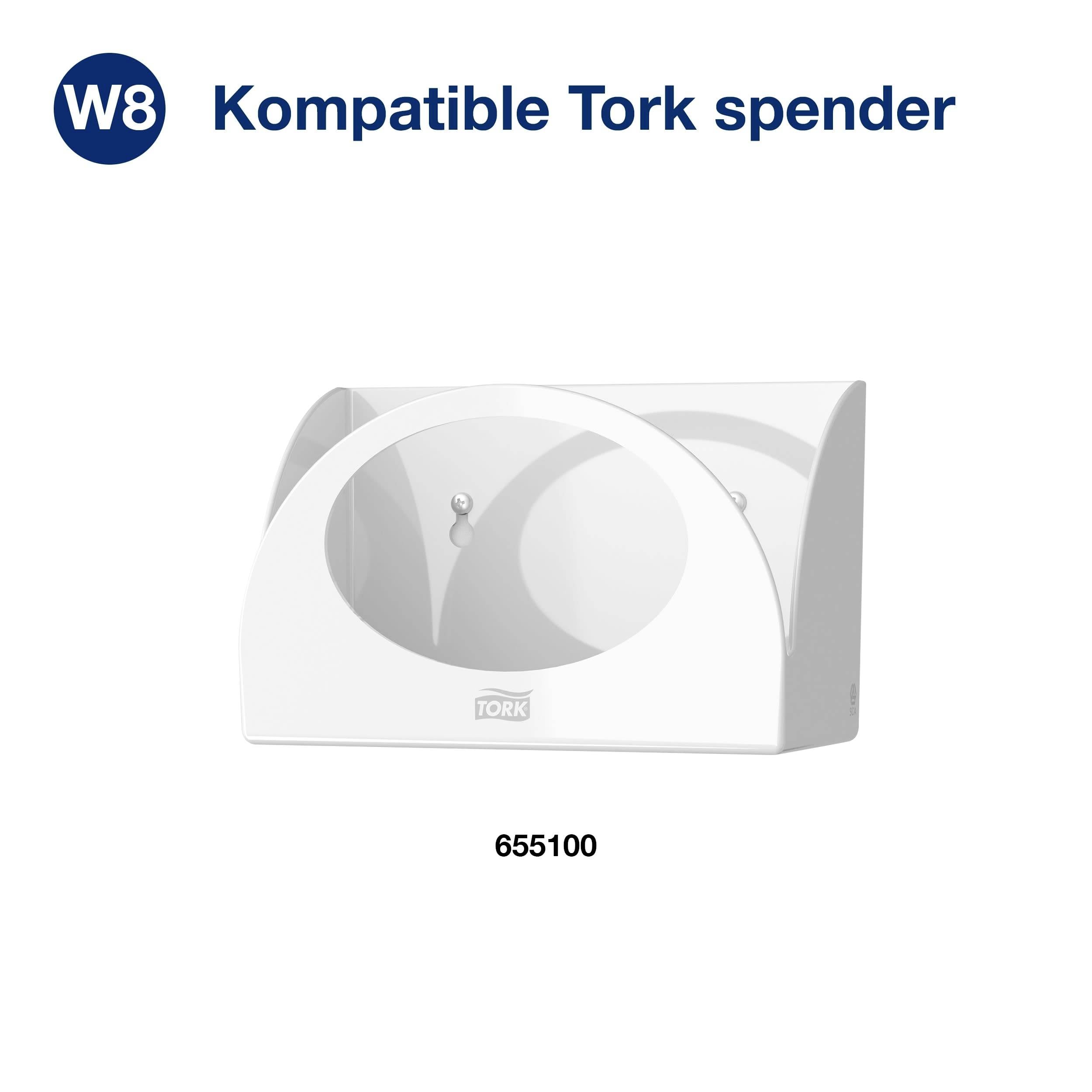 'Kompatible Tork Spender' zeigt einen weißen Tork-Spender mit der Modellnummer 655100, geeignet für Papierhandtücher.