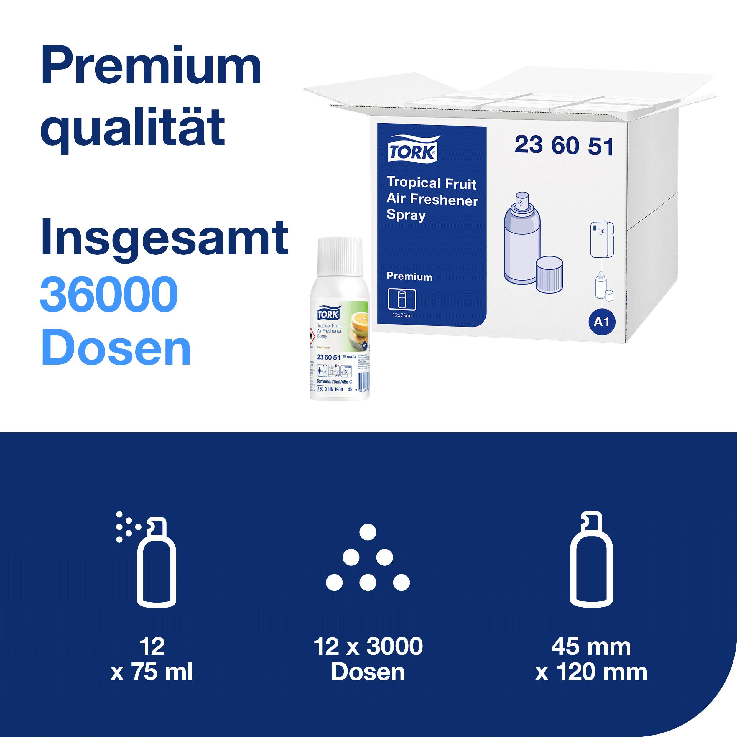'Premiumqualität: Tork Tropical Fruit Air Freshener Spray, 36000 Dosen gesamt. Details: 12 Dosen à 75 ml, 12 x 3000 Dosen, Maße 45 mm x 120 mm.'