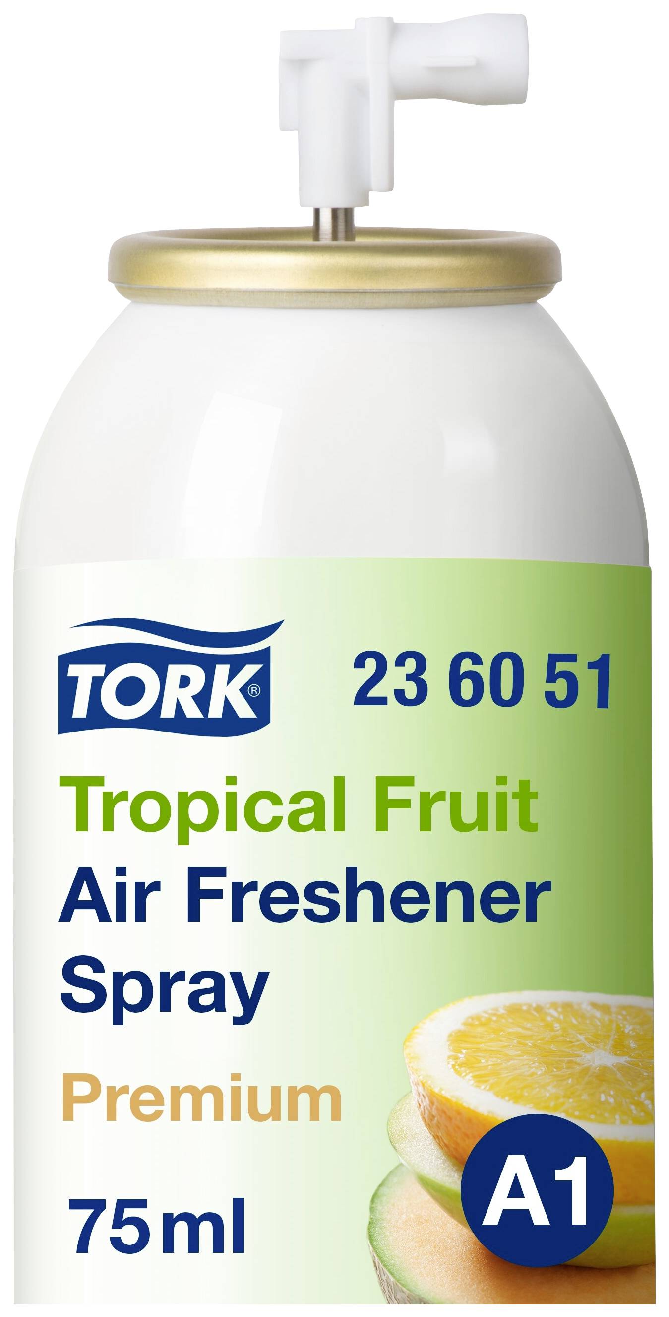Tork Tropical Fruit Air Freshener, 75 ml. Verpackung zeigt Fruchtmotiv und Produktname.