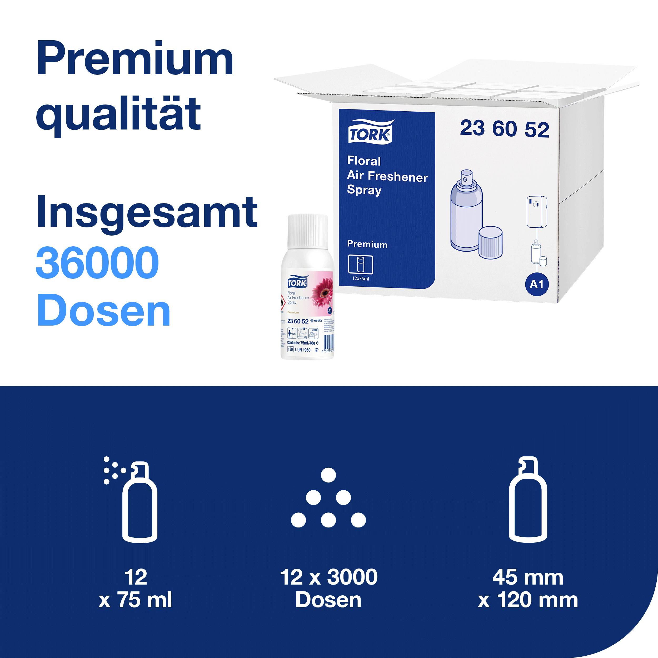 'Premiumqualität: Insgesamt 36.000 Dosen Tork Duftspray in 12 Paketen à 3.000 Dosen, 12 Flaschen à 75 ml, Durchmesser 45 mm, Höhe 120 mm.'