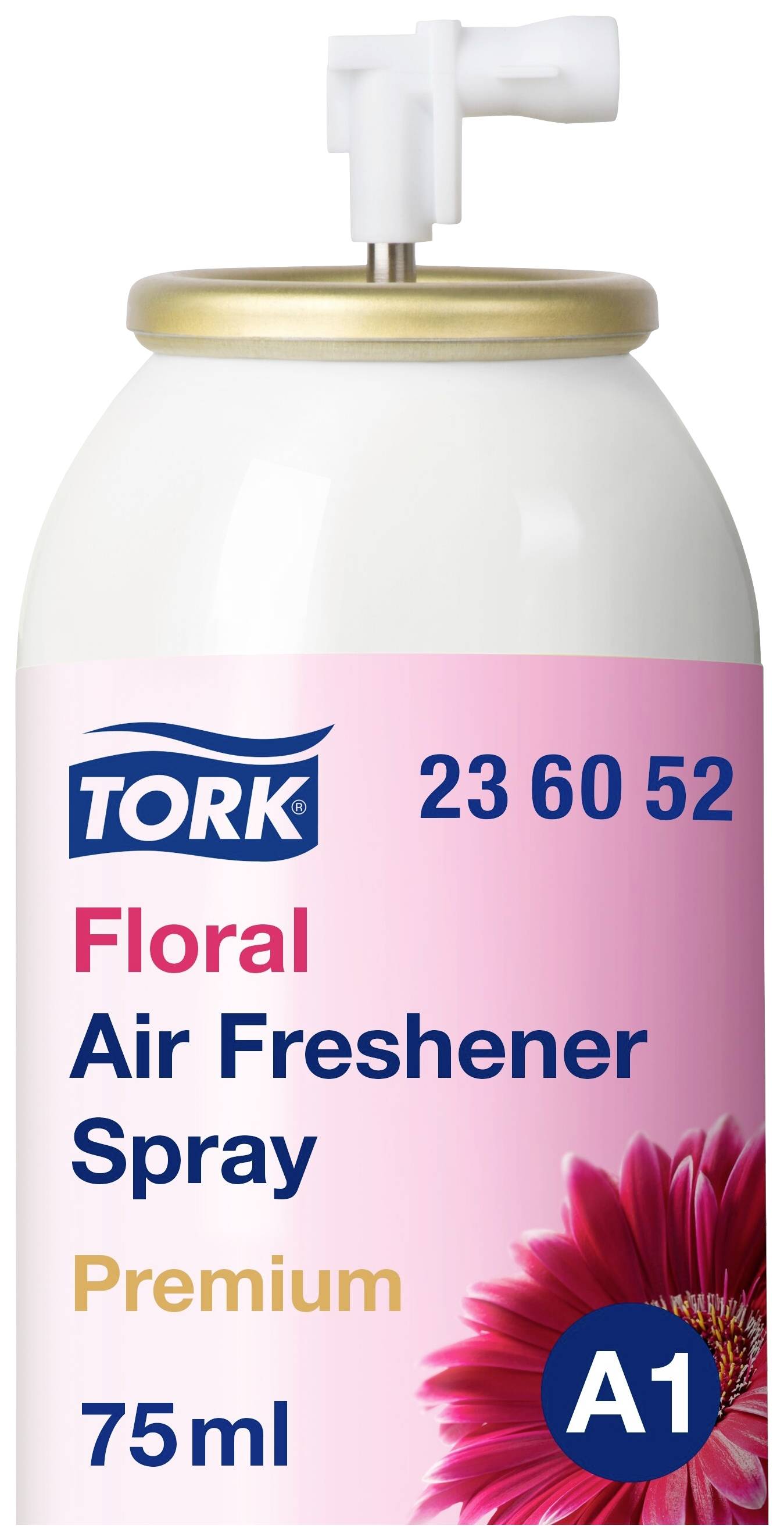 Lufterfrischer-Spray von Tork, Duft 'Floral', 75 ml, Premium-Qualität. Rosa Hintergrund mit Blumenmotiv auf der Verpackung.