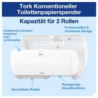 Produktbild eines Tork Toilettenpapierspenders mit 'Kapazität für 2 Rollen', intelligentem Schloss, geschützter Rollenaufbewahrung und Abreißfunktion.