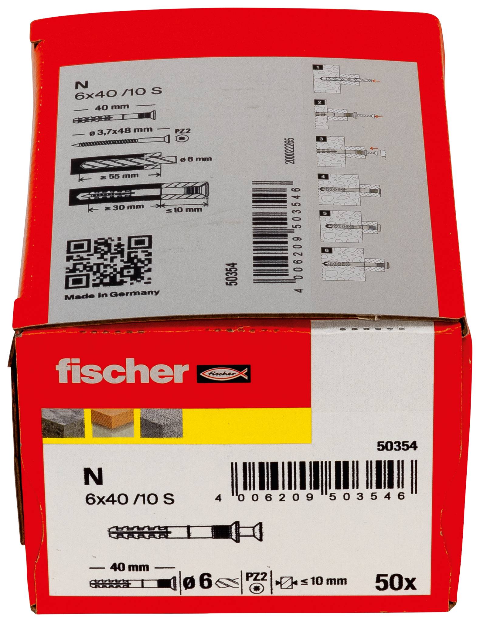 Rote Fischer-Schachtel mit N 6x40/10 S Dübeln, gekennzeichnet mit 50x, mit Größen- und Bohrlochmontage-Diagrammen.