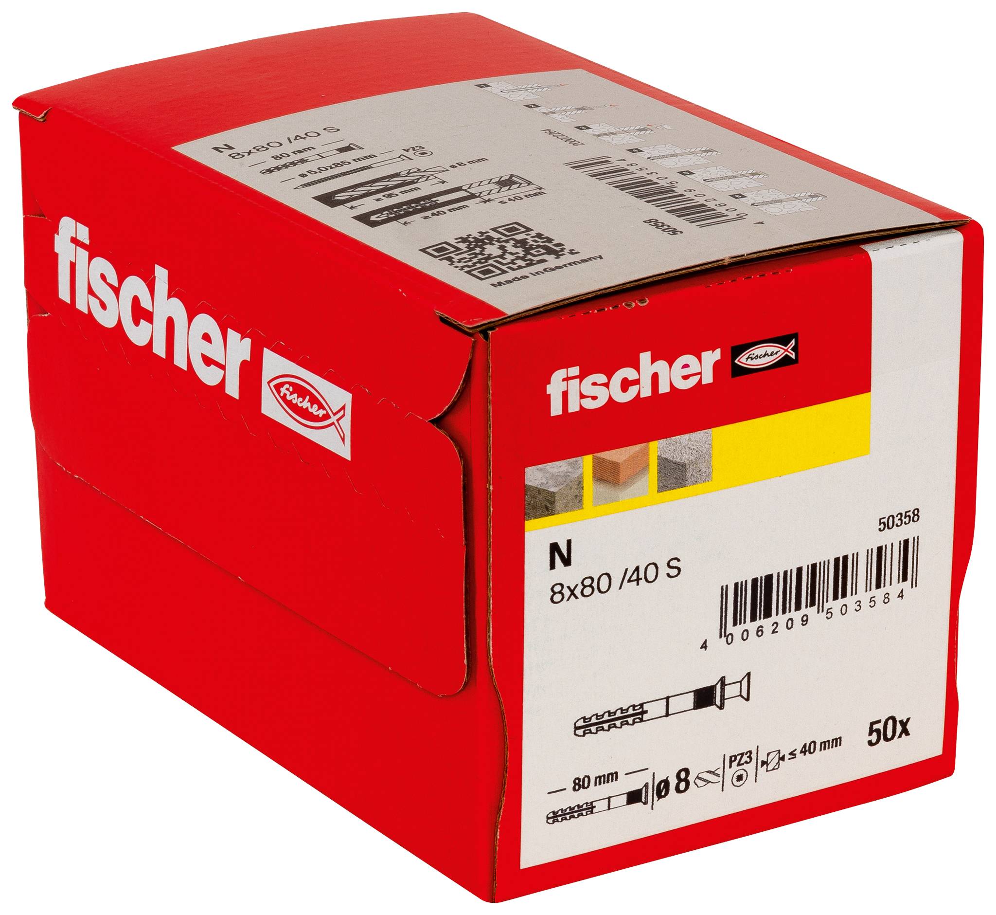 Fischer-Box Roter Fischer N 8x80/40 S Wanddübel, mit Etikett 50x, mit Strichcode und Schraube/Dübel-Diagramm auf der Vorderseite.