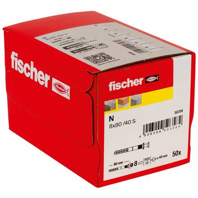 Fischer-Box Roter Fischer N 8x80/40 S Wanddübel, mit Etikett 50x, mit Strichcode und Schraube/Dübel-Diagramm auf der Vorderseite.