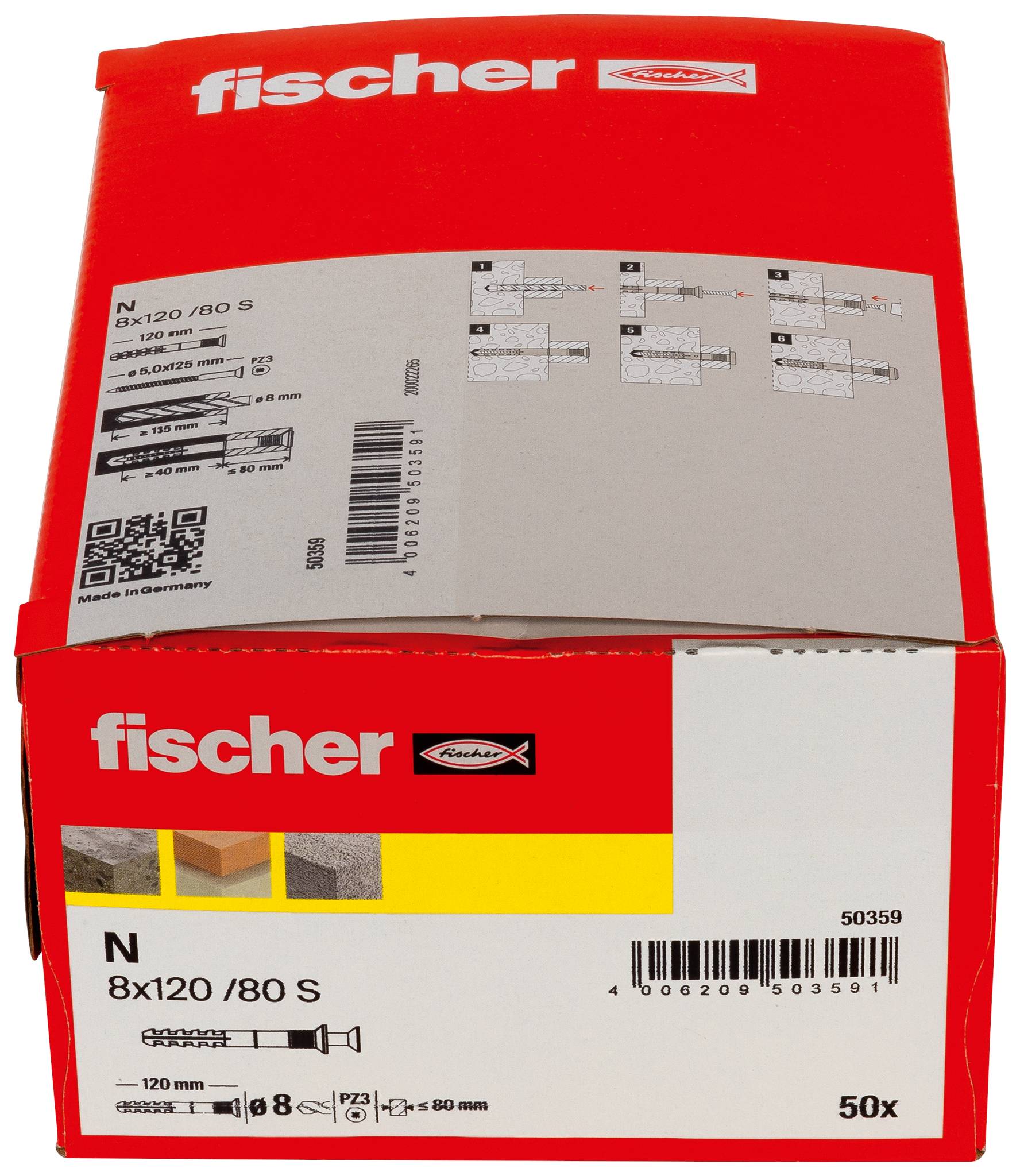 Rote Fischer-Schachtel mit N 8x120/80 S Dübeln, gekennzeichnet mit 50x, mit Produktdiagrammen und Strichcodes.