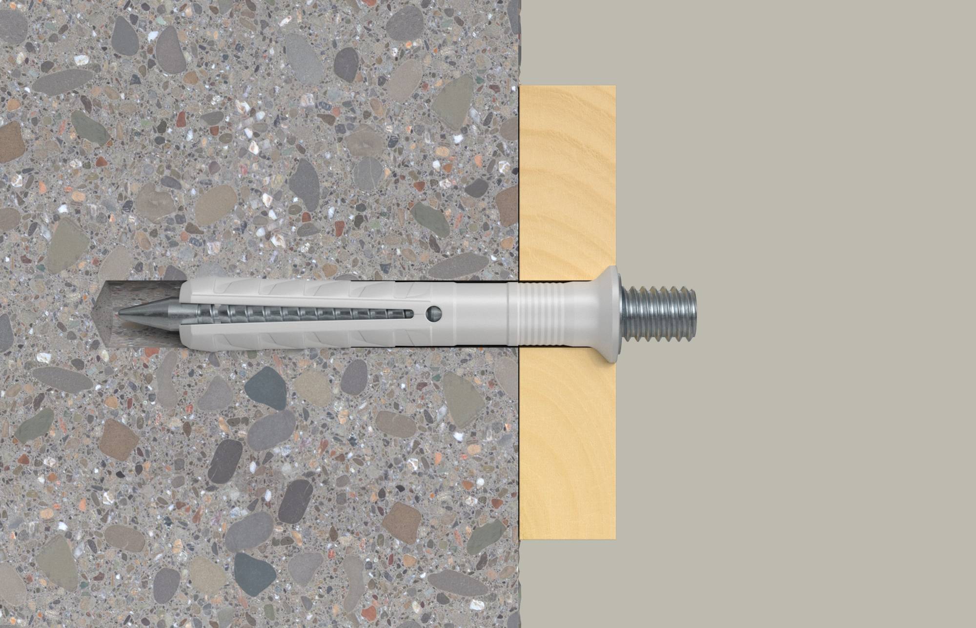 Querschnittsdiagramm eines Metallexpansionsankers, der in eine gebohrte Betonwand eingesetzt und gegen einen Holzblock angezogen wird, wobei der Gewindestift und die Hülse an Ort und Stelle verankert sind.