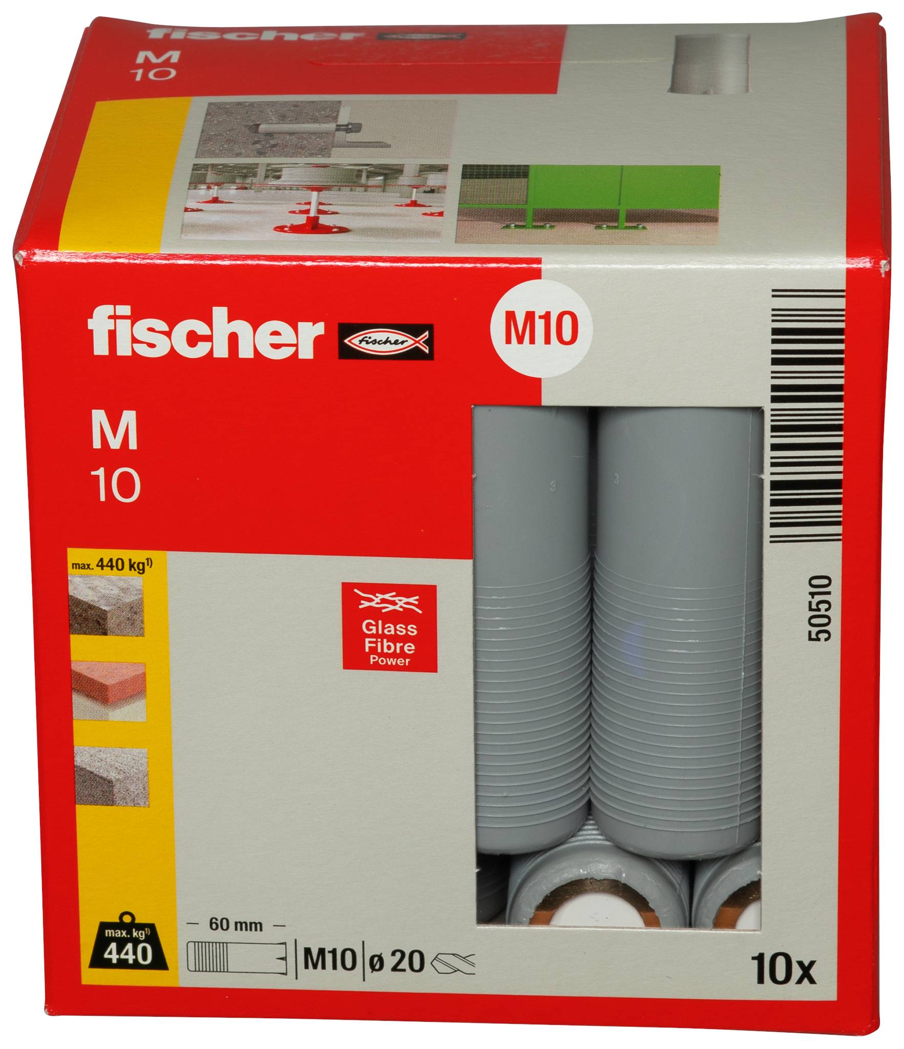 Fischer M10 Wanddübel-Packung mit zwei sichtbaren grauen gerippten Dübeln, gekennzeichnet mit „M10", „10x", „Glass Fibre Power" und einer maximalen Tragfähigkeit von „max. 440 kg".