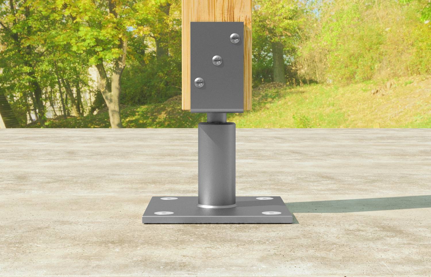 Graue Metallpfostenbasis mit verschraubter Holz- und Stahlhalterung auf einer Betonoberfläche im Freien