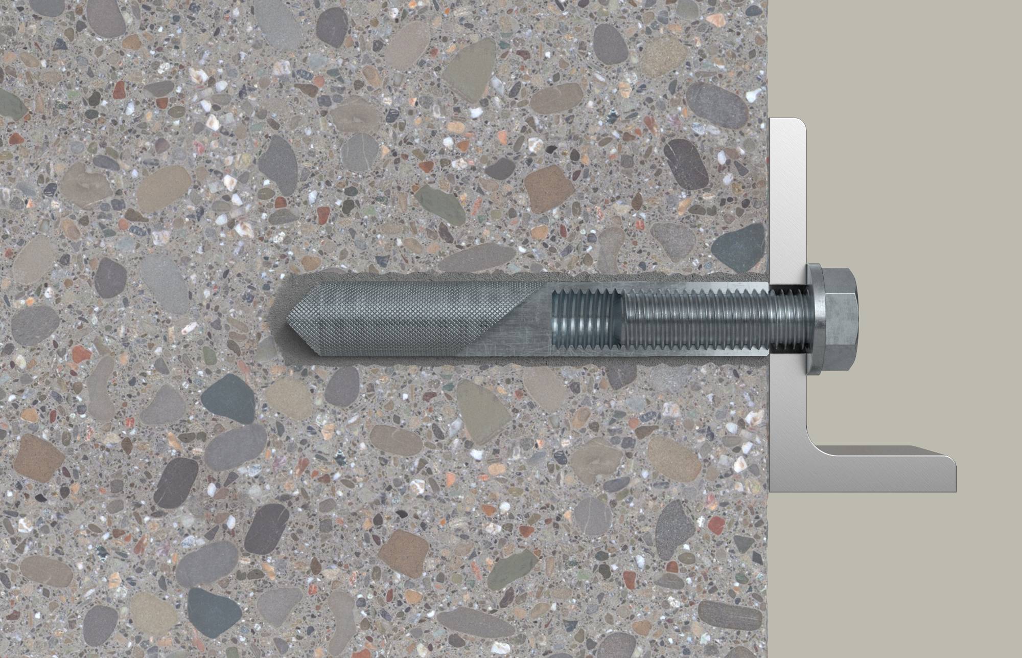 Ankerschraube in Beton eingebettet, mit Gewinde am Ende und Sechskantmutter, die eine Metallhalterung auf der rechten Seite sichert.