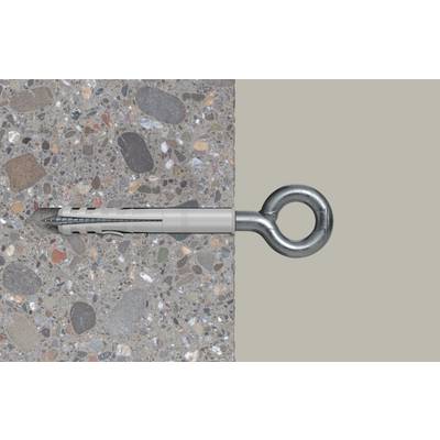 Metallöse mit Ringschraube, horizontal in eine Betonwand eingesetzt, mit dem kreisförmigen Ring nach außen vorstehend.