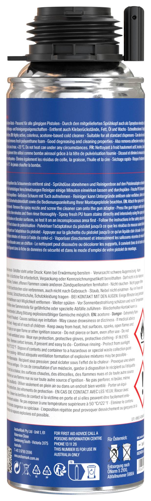 Hohe Sprühdose mit schwarzem Deckel und blau-weißem Produktetikett, das mit mehrsprachigen Warn- und Gebrauchstexten bedeckt ist.