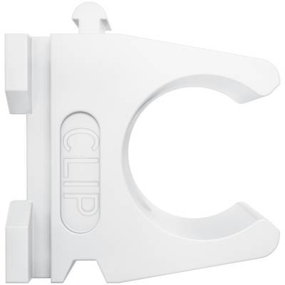 Weiße Kunststoffhalterung in Clipform mit großer C-förmiger Öffnung und geprägtem Text „CLIP" auf der Seite