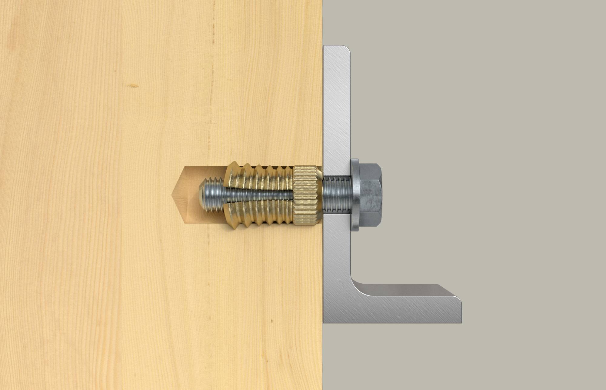 Nahaufnahme einer Metallschraube und einer Gewindemuffe, die ein Holzbrett an einer grauen L-förmigen Halterung befestigen.