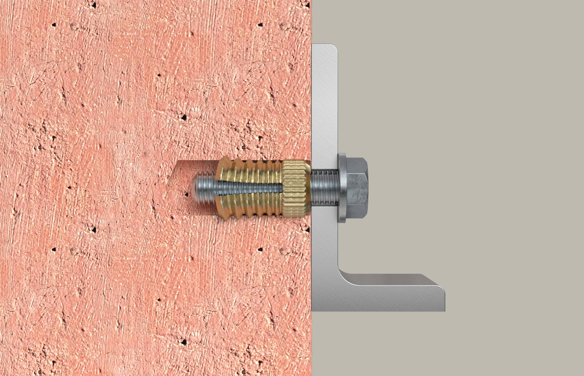 Nahaufnahme eines Querschnitts einer Wanddübelschraube, die eine Metallhalterung in einer strukturierten rosa Wand befestigt.