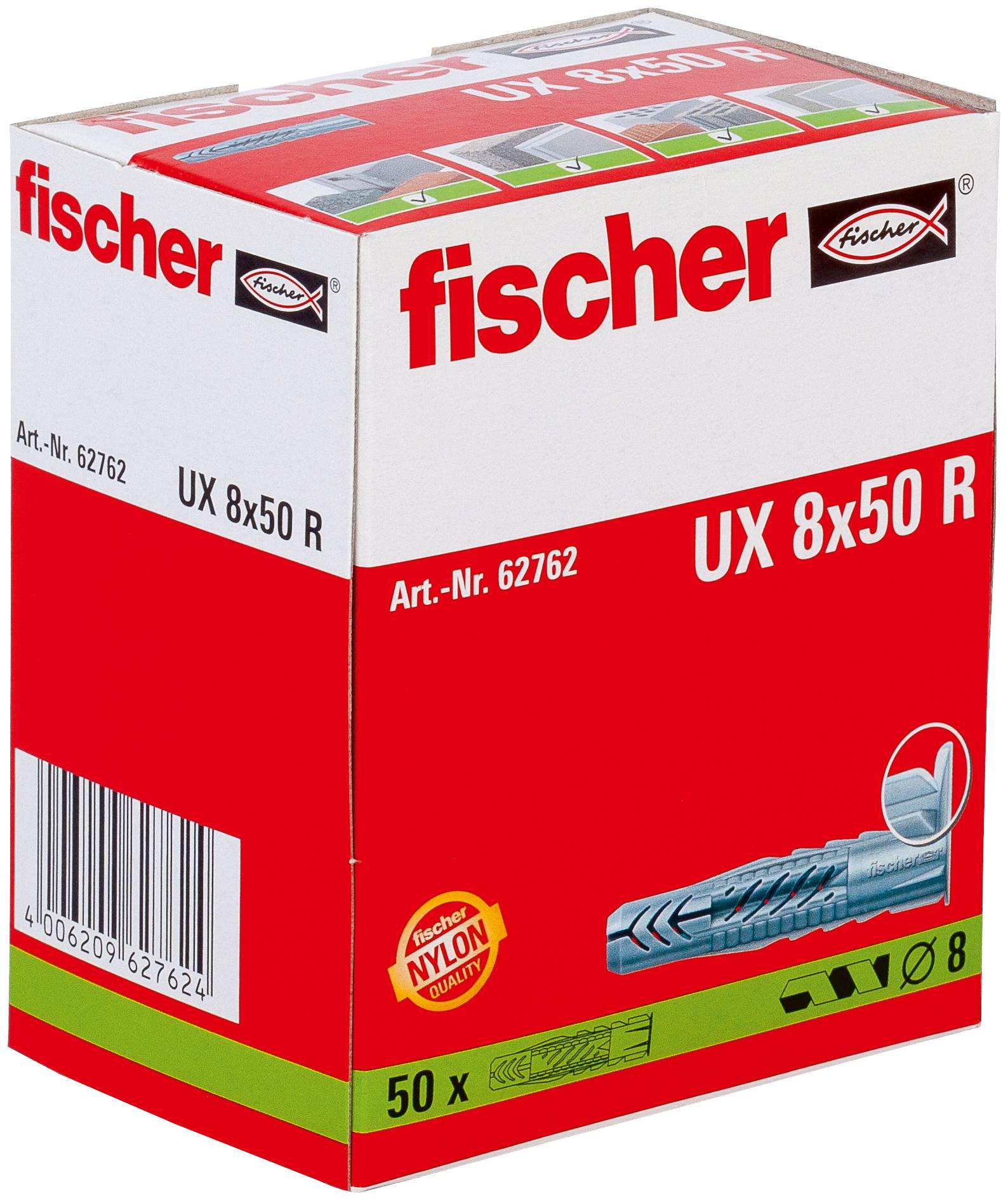 Karton mit Fischer UX 8x50 R Nylon-Dübeln, 50er-Pack, Produktnummer 62762, auf weißem Hintergrund dargestellt.
