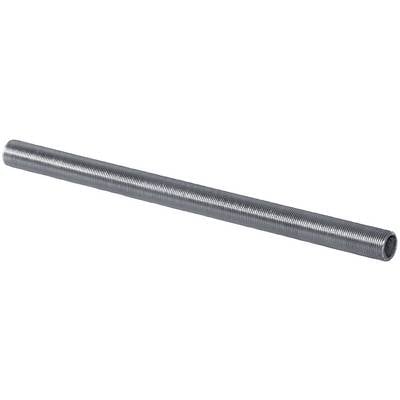 Ein silbernes flexibles Metallrohr mit Wellkanten, diagonal auf weißem Hintergrund dargestellt, mit Gewinderillen und offenem Hohlende.