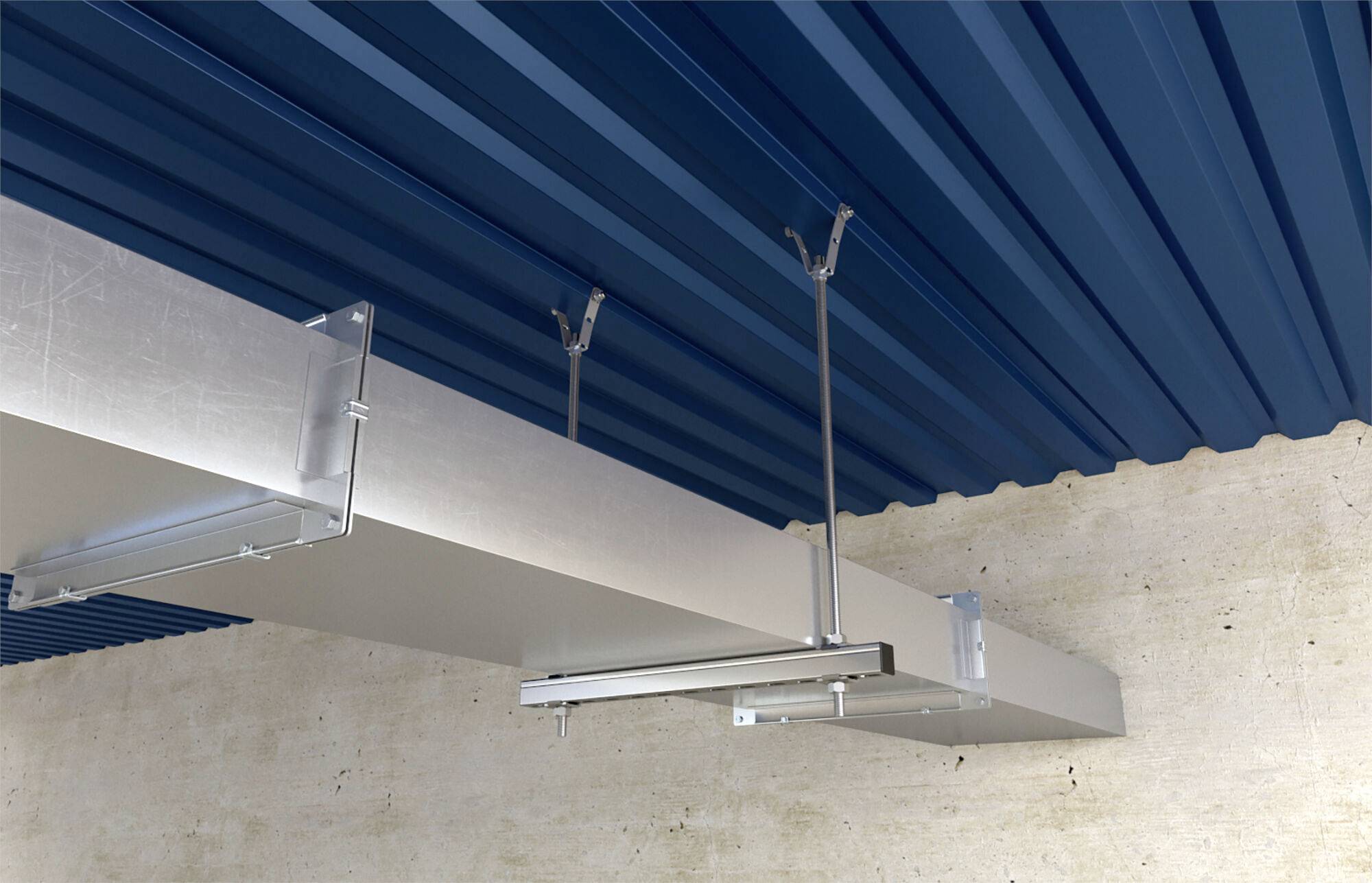 Ein abgehängtes Metallleitungssystem ist an einer Decke mit blauen Wellpaneelen befestigt und veranschaulicht industrielle Bauweise.