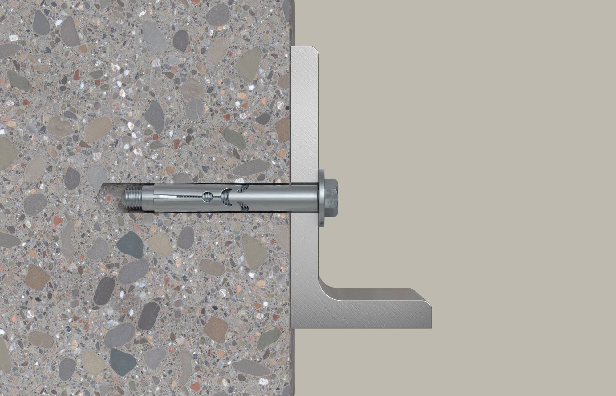 Ein Metallwandanker/Bolzen, der durch eine Betonwand in eine graue Montageklammer befestigt ist, dargestellt im Querschnitt.