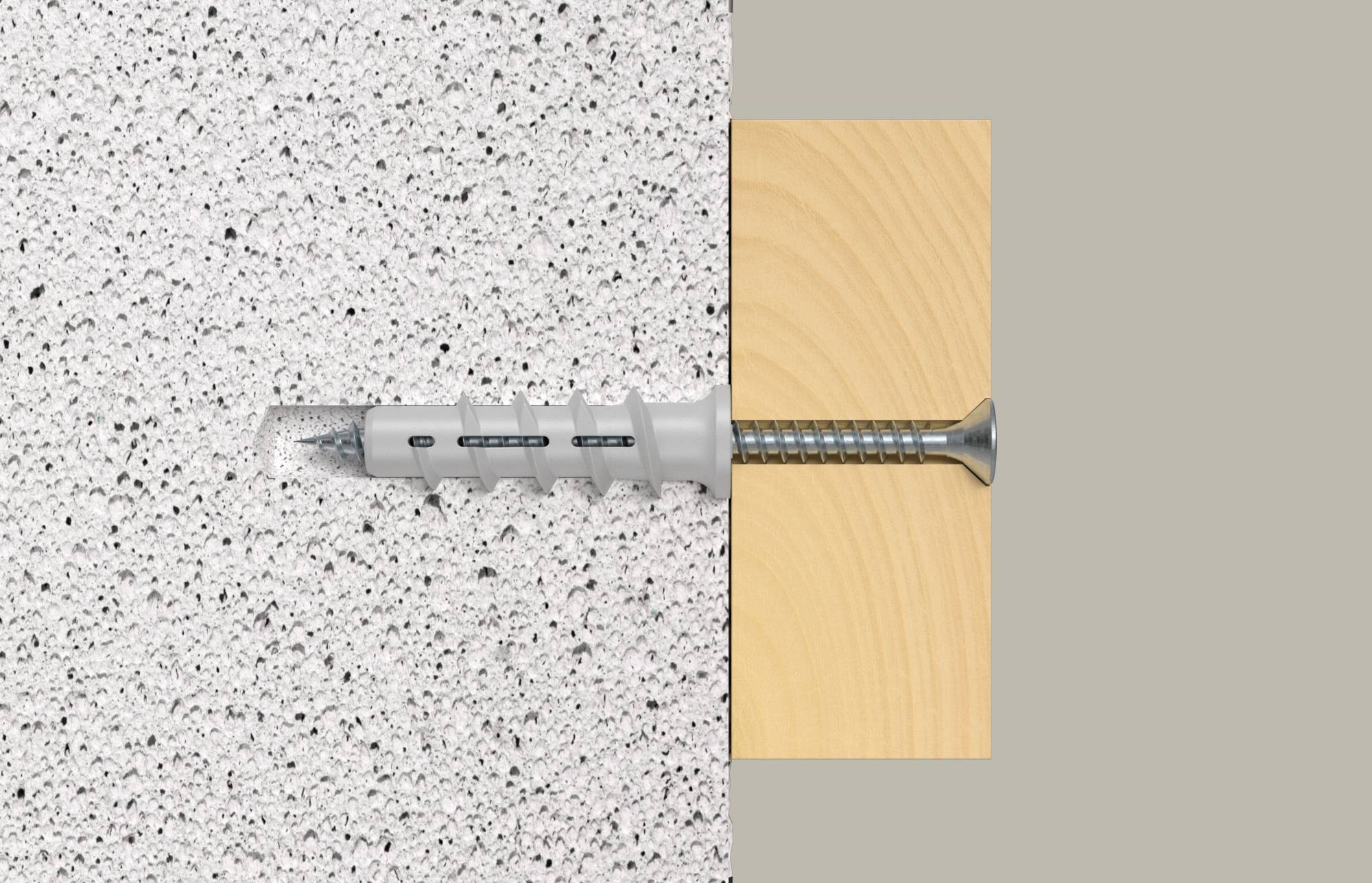 Schraubanker, der in einer gesprenkelten Wand neben einem Holzblock befestigt ist, zeigt, wie sich der Anker in der Wand ausdehnt, wenn die Schraube eingedreht wird.