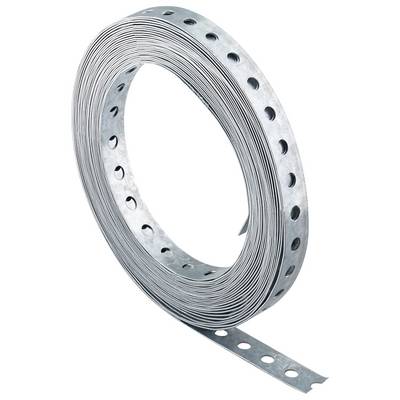 Aufgerolltes perforiertes Metallbandklebeband auf weißem Hintergrund, mit gleichmäßig verteilten kreisförmigen Löchern entlang des Streifens.