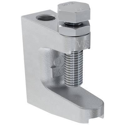Nahaufnahme einer Metallklemmhalterung mit einem Gewindebolzen und einer Sechskantmutter, die einen sicheren Befestigungsmechanismus zeigt.