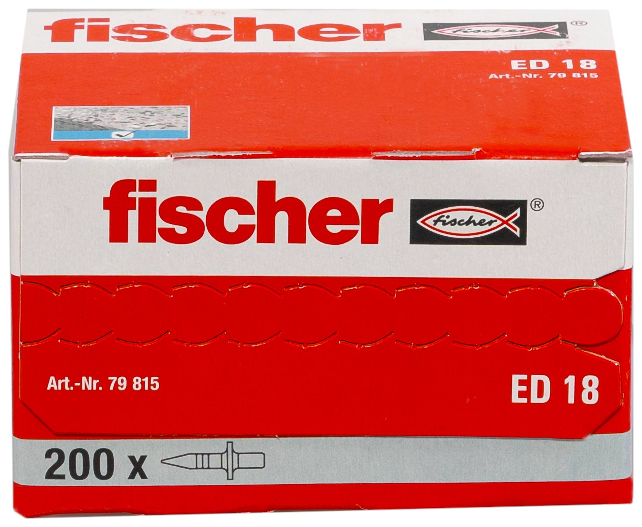 Rot-weißer Fischer ED 18 Karton mit 200 Wanddübeln, gekennzeichnet mit „Art.-Nr. 79 815".