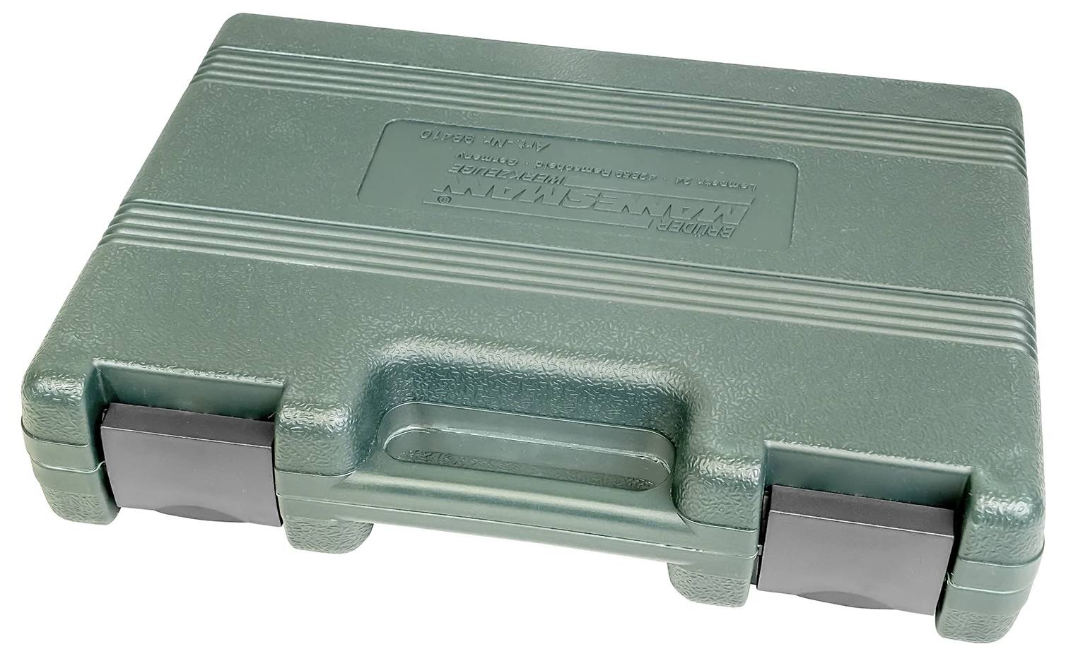 Grüner Kunststoffkoffer mit schwarzem Verschluss, geeignet zur Aufbewahrung von Werkzeugen.