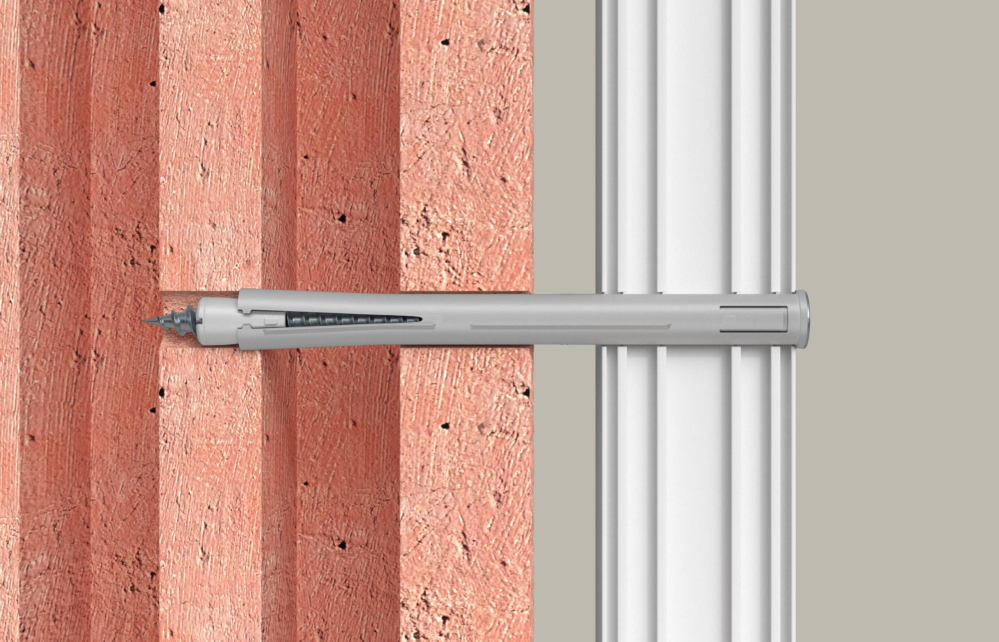 Nahaufnahmeillustration einer Mauerwerksanker-Schraube, die eine Metallhalterung an einer Backsteinmauer befestigt.