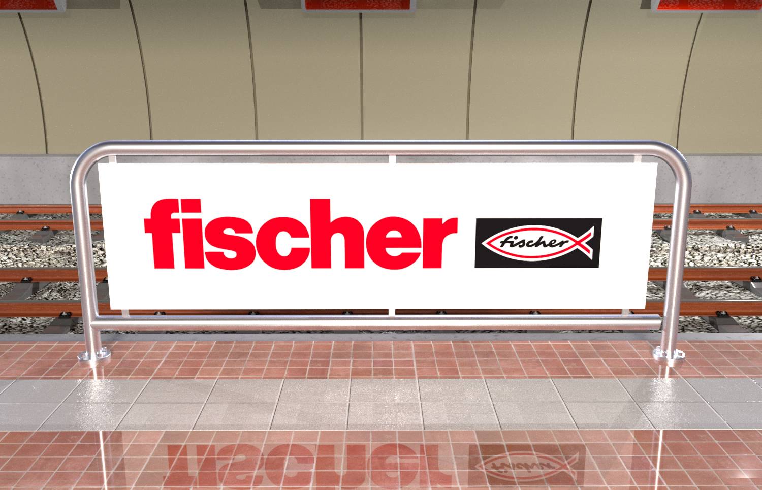 Ein Bahnsteig-Sicherheitsbarrierschild mit dem roten „fischer"-Logo und einem kleineren Fischer-Logo.