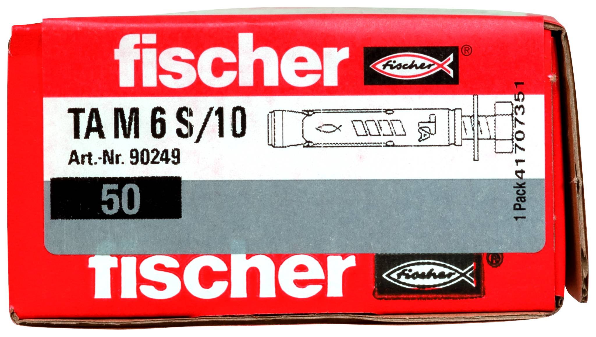 Produktverpackung der Marke Red Fischer mit Etikett "TA M 6 S/10" und "50", mit einer in Ankerstil gestalteten Wandverankerung auf der Vorderseite abgebildet.