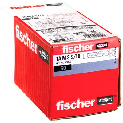 Rote Fischer-Produktbox mit der Aufschrift "fischer" und "TA M 8 S/10", gekennzeichnet mit 50, auf weißem Hintergrund abgebildet.