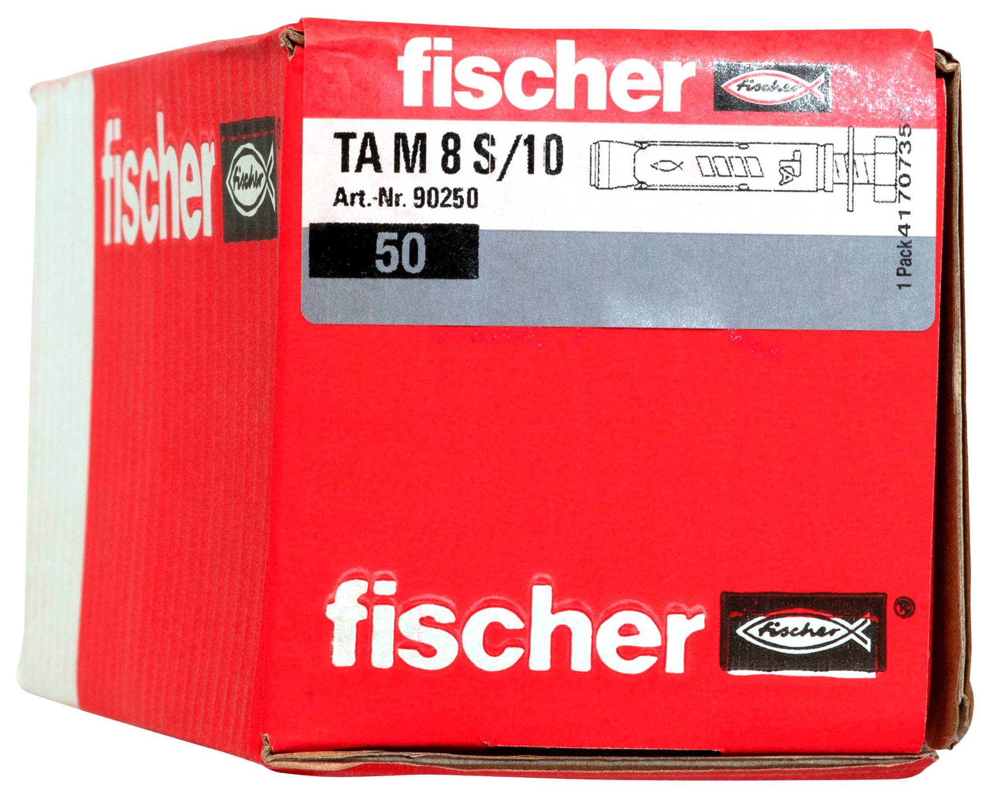 Rote Fischer-Box mit der Aufschrift "TA M 8 S/10" und "Art.-Nr. 90250" mit der Menge "50", dargestellt auf weißem Hintergrund.