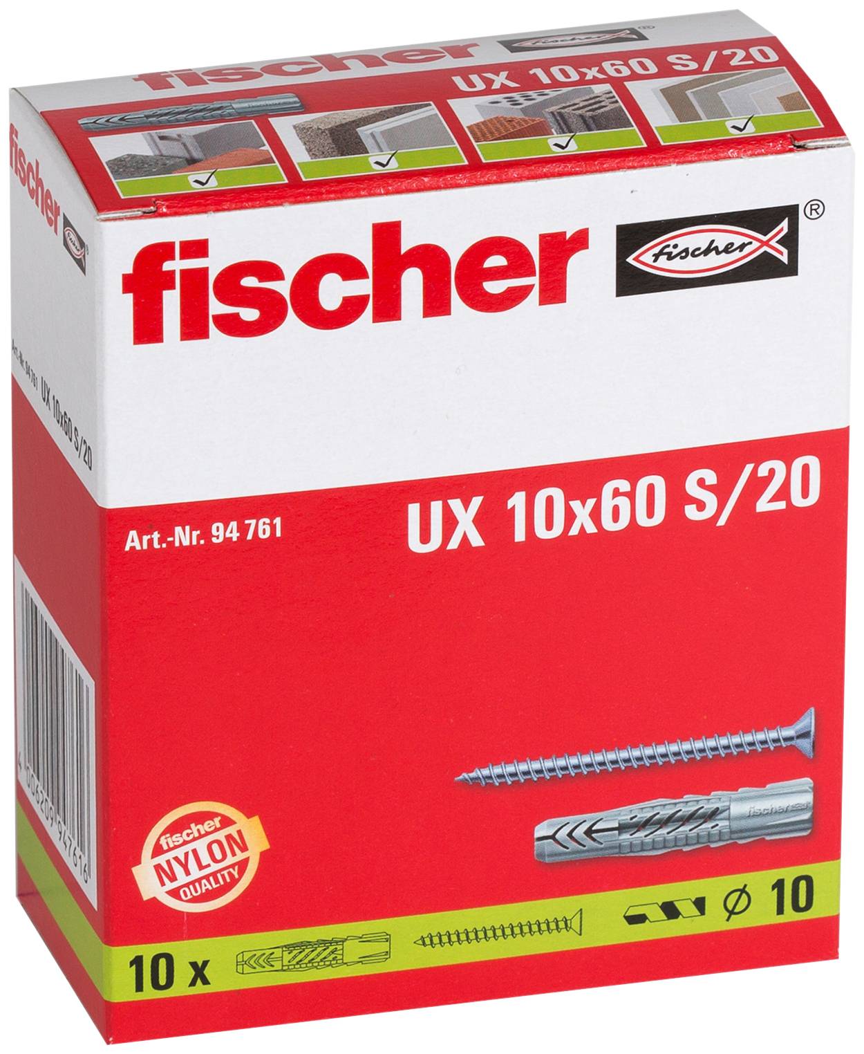 Karton mit Fischer UX 10x60 S/20 Nylon-Dübeln, zeigt den Produktnamen, Größe 10x60, Artikelnummer 94761 und Abbildungen von Schrauben und Dübeln.