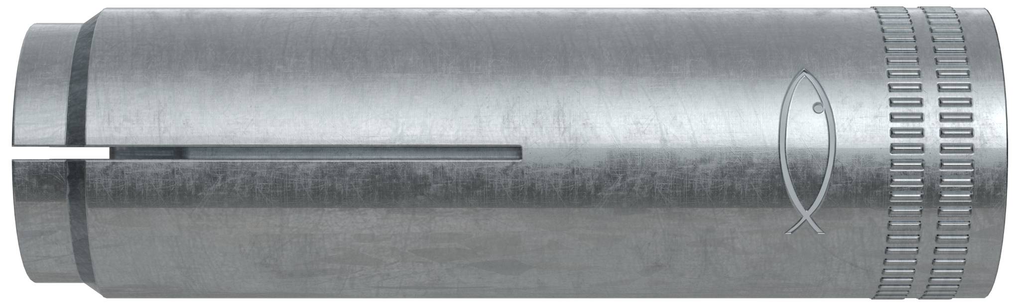 Nahaufnahme einer silbernen zylindrischen Metallkomponente mit einem langen Seitenschlitz, eingraviertem Fischsymbol und gerillter Endkappe.