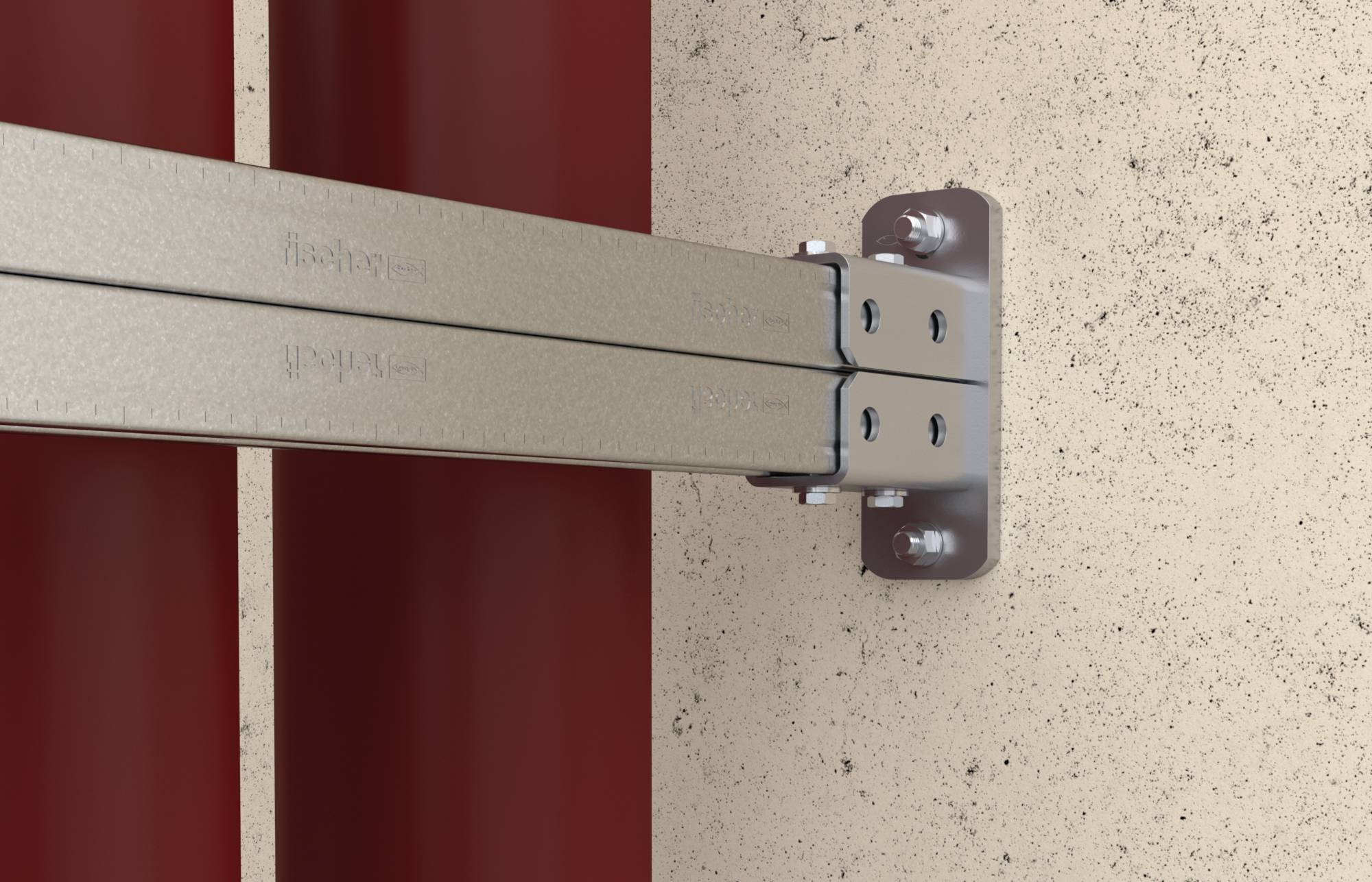 Nahaufnahme eines Metallscharnierbügels, der einen horizontalen Stützarm an einer gesprenkelten Wand neben einem roten Paneel sichert.