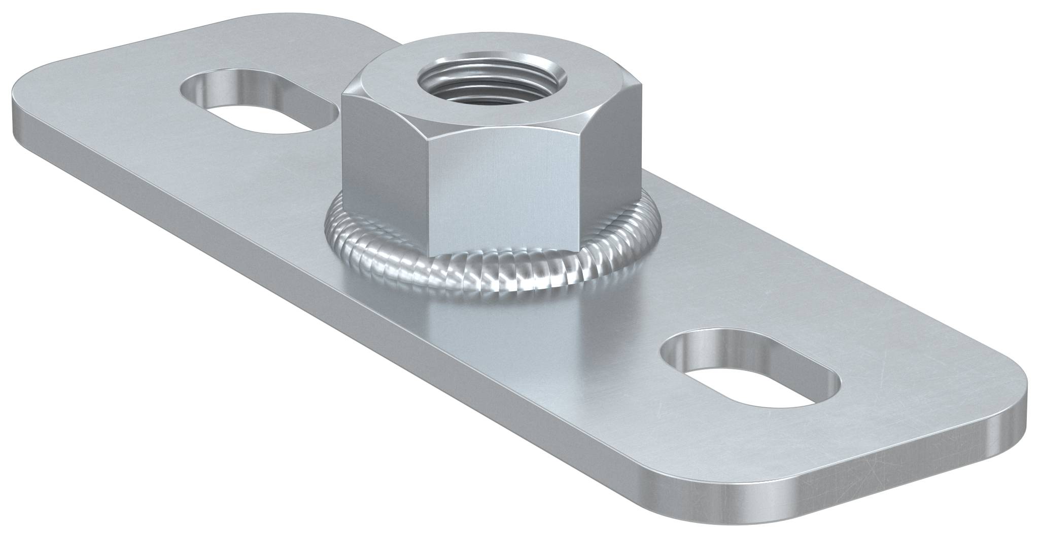 Metallmuffe mit einer geschweißten Sechskantmutter, die auf einem flachen Montagestreifen mit zwei geschlitzten Schraubenlöchern zentriert ist.
