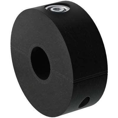 Schwarze zylindrische Industrierolle mit zentralem Loch und Gewinde-Metalleinsatz oben.
