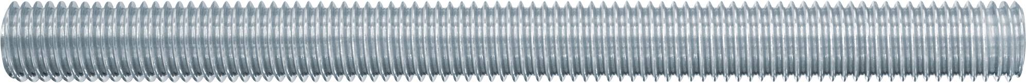 Eine lange silberne Gewindestange oder ein Bolzen aus Metall, horizontal auf weißem Hintergrund dargestellt.