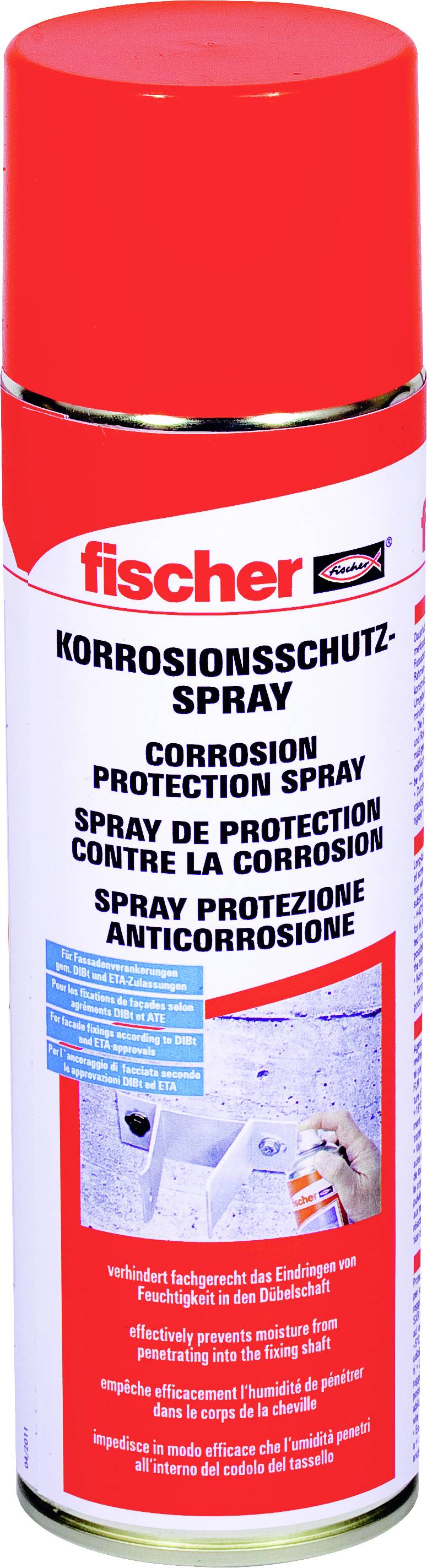 Rote Spraydose der Marke Fischer, etikettiert als 'Korrosionsschutz-Spray', mit mehrsprachigem Text zur Beschreibung des Produkts.