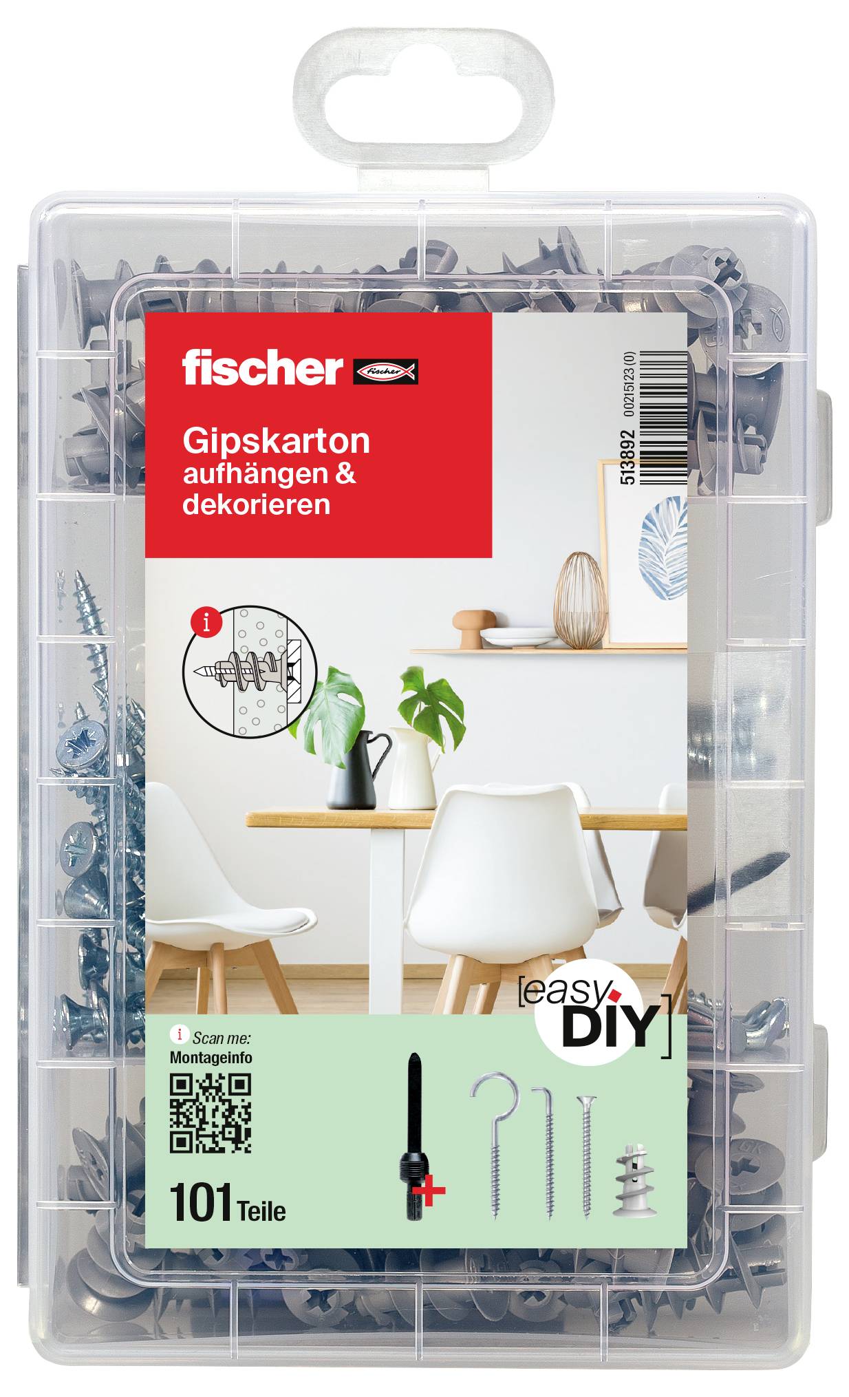 Plastikbox mit 101 Teilen von Fischer, darunter Dübel und Haken. Auf der Verpackung ein Raumbeispiel mit Regal und Dekoration.