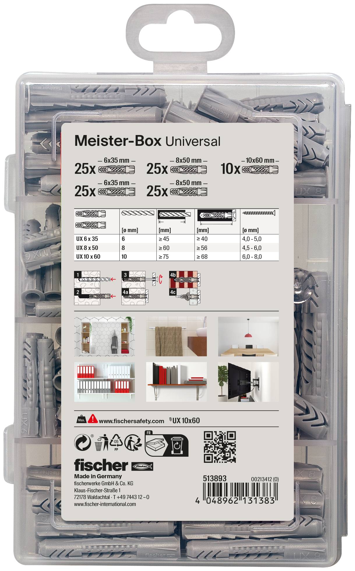 Klare Kunststoffbox mit Fischer Meister-Box Universal-Dübeln und Schrauben, beschriftet mit 'UX 10x60' mit verschiedenen Befestigungselementen sichtbar im Inneren.