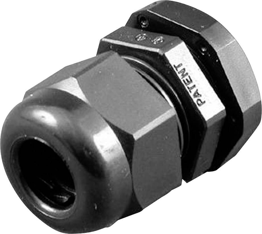Ein schwarzer Kabelverschraubungskopf aus Metall mit hexagonalen Konturen und einer gravierten 'PATENT'-Markierung oben.