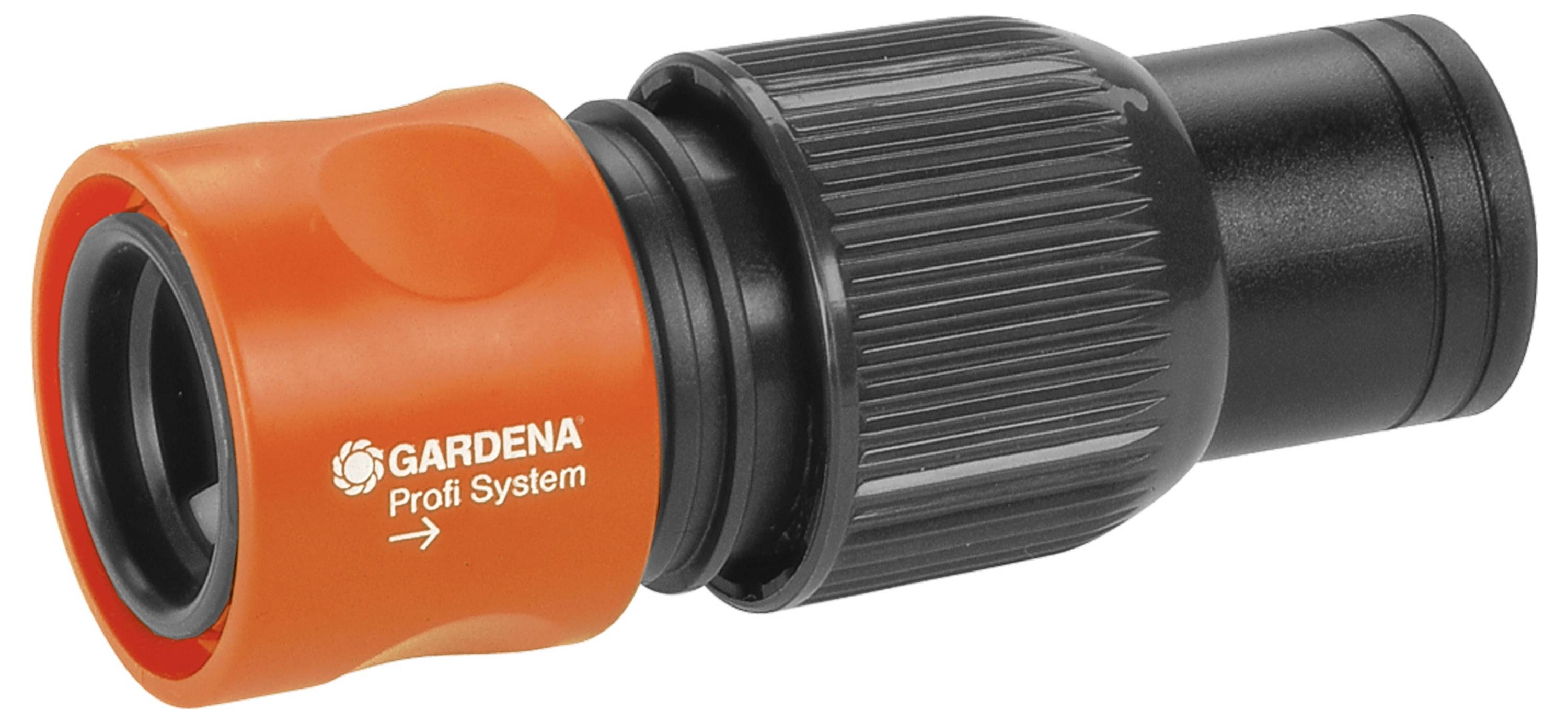 'Gardena Profi System'-Schlauchanschluss in Orange und Schwarz. Verbindet Gartenschläuche sicher.