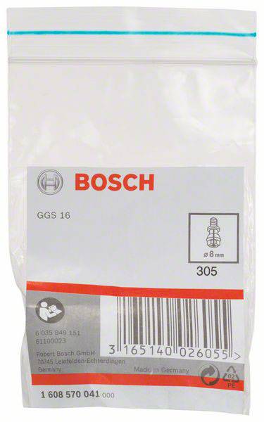 Plastiktüte mit Bosch-Logo, Aufschrift 'GGS 16', Abbildung eines Ersatzteils und Barcode. Enthält Kontaktinformationen des Herstellers.