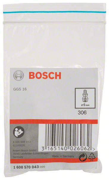 Eine Kunststoffverpackung von Bosch für Produkt GGS 16, enthält einen Barcode und das Logo, hergestellt in Deutschland.
