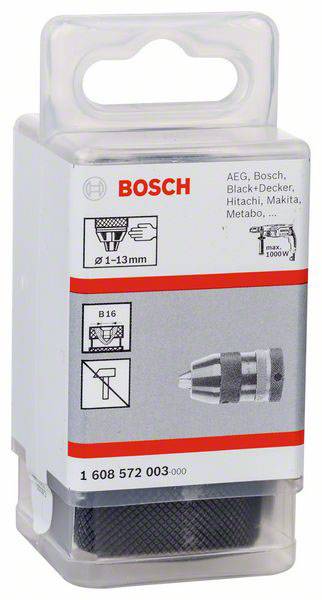 Eine Bosch Bohrfutter-Verpackung mit Abbildungen und Spezifikationen für Kompatibilität mit verschiedenen Werkzeugmarken und Größen.