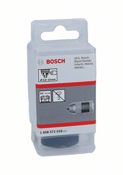 Ein silbernes Bohrfutter im transparenten Kunststoffgehäuse mit Beschriftung 'Bosch'. Geeignet für 0,5-10mm Bohrer.