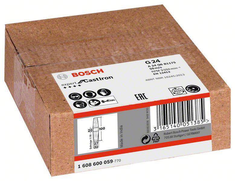 Schachtel mit 'Bosch'-Logo, enthält Schleifscheiben für Gusseisen, Körnung 24, 230 x 22 mm. Hersteller: Robert Bosch Power Tools GmbH.