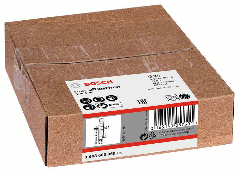 Ein brauner Karton mit einem Bosch-Etikett. Die Aufschrift zeigt 'Expert Castiron Q.24'. Verpackung von Schneidwerkzeugen.